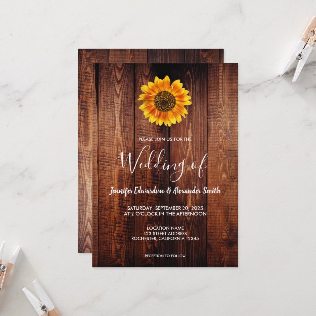Watercolor sunflower rustic wood country wedding invitation (Front/Back In Situ)