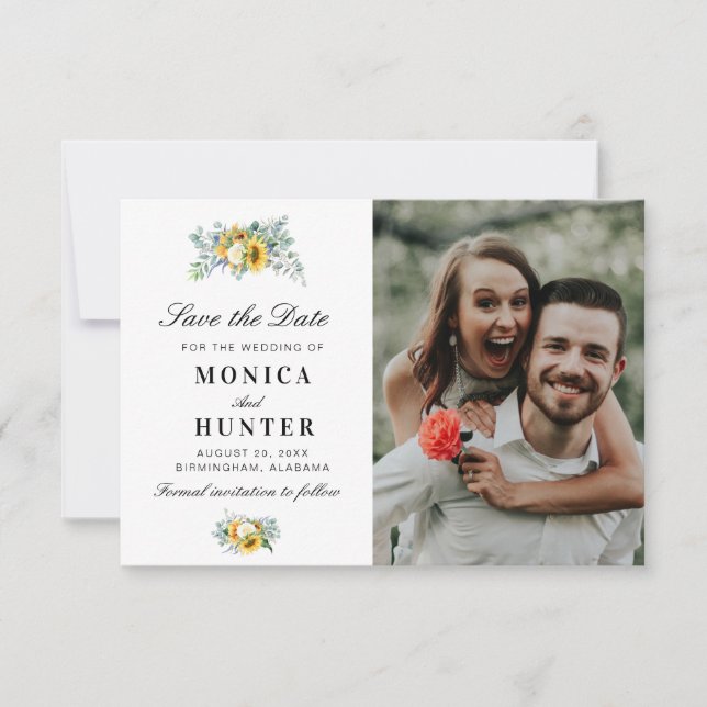 watercolor sunflower save the date photo card (Front)