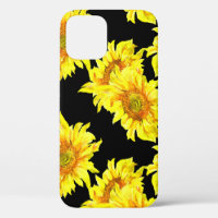 Watercolor Sunflower Seamless Black Pattern