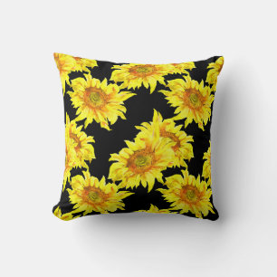 Watercolor Sunflower Seamless Black Pattern Throw Pillow