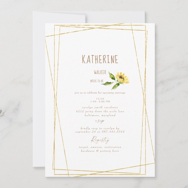  Watercolor Sunflower Stem Modern Bridal Shower Invitation (Front)