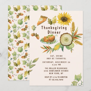 Watercolor Sunflower Thanksgiving Dinner Invitation