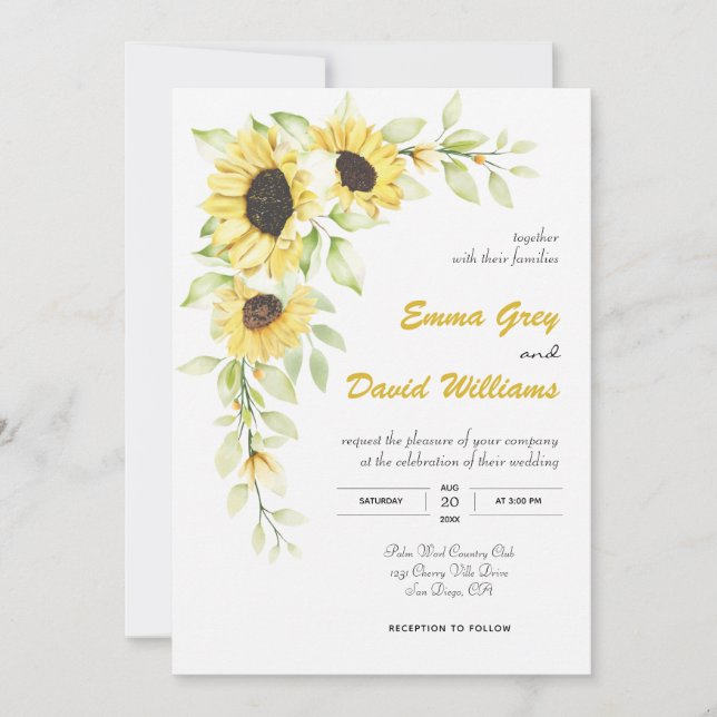 Watercolor sunflower wedding invitation card (Front)
