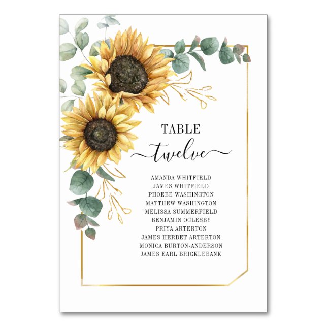 Watercolor Sunflower Wedding Table Number 12 (Front)