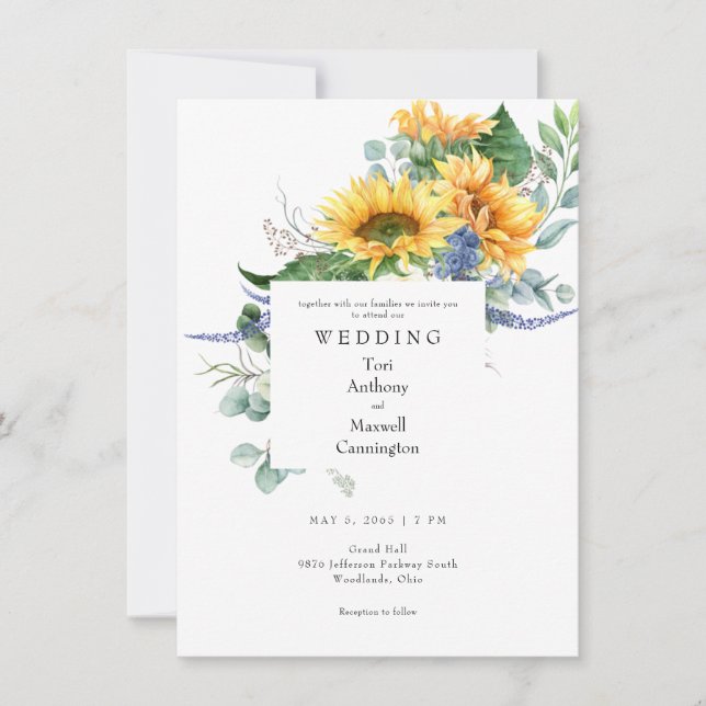 Watercolor Sunflower White Wedding Invitation (Front)