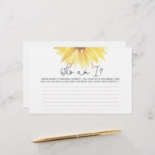 Watercolor sunflower Who am I bridal shower game Stationery