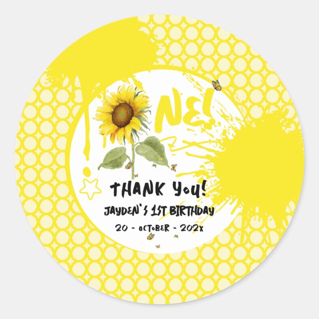 Watercolor Sunflower with Butterflies 1st Birthday Classic Round Sticker (Front)