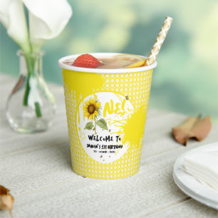 Watercolor Sunflower with Butterflies 1st Birthday Paper Cups