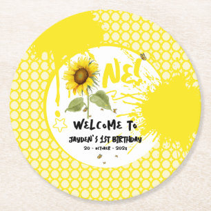 Watercolor Sunflower with Butterflies 1st Birthday Round Paper Coaster