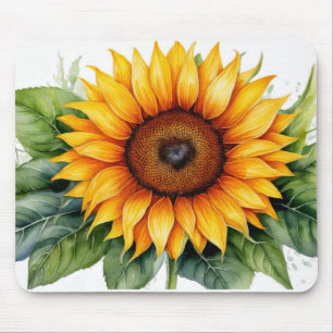 watercolor sunflower with green leaves mouse pad