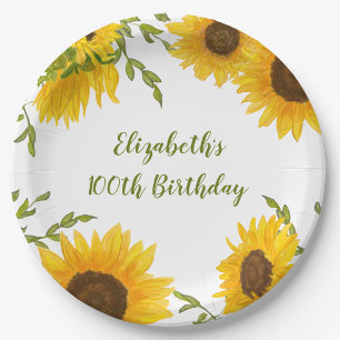 Watercolor Sunflowers 100th Birthday Paper Plates
