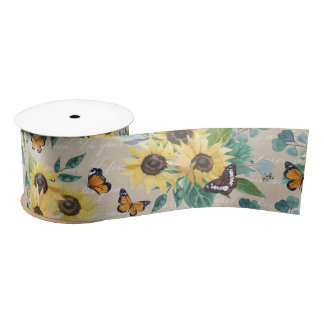 Watercolor Sunflowers and Butterflies on Parchment Satin Ribbon