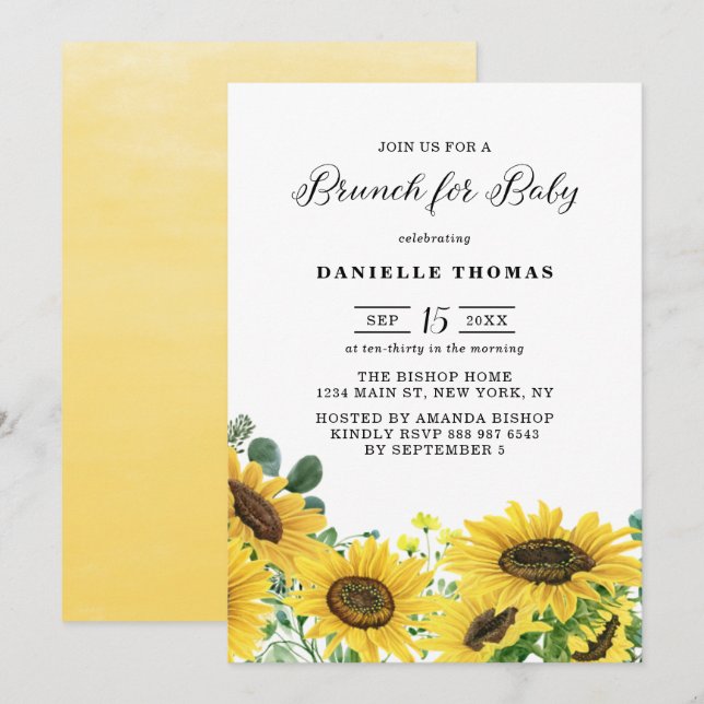 Watercolor Sunflowers and Eucalyptus Baby Brunch Invitation (Front/Back)