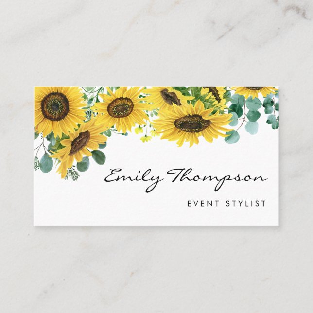 Watercolor Sunflowers and Eucalyptus Leaves Script Business Card (Front)