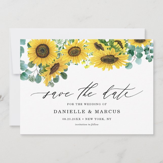 Watercolor Sunflowers and Eucalyptus Summer Save The Date (Front)