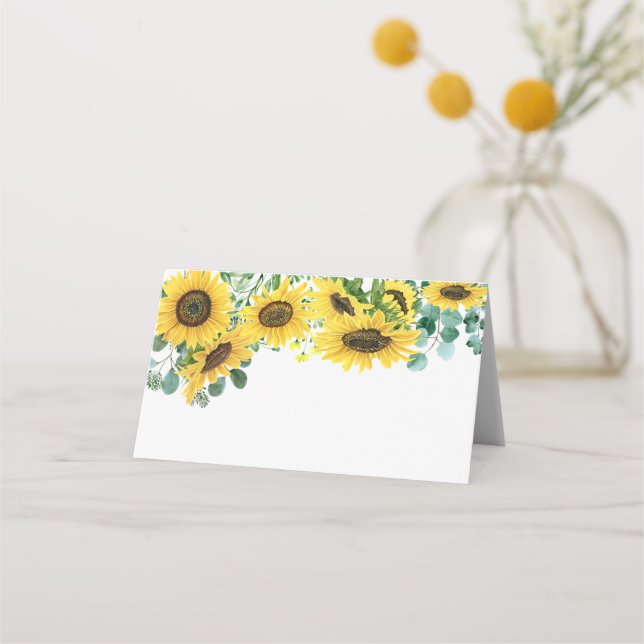 Watercolor Sunflowers and Eucalyptus Wedding Place Card (Front)