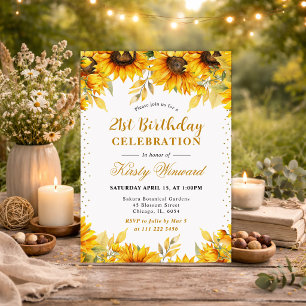 Watercolor Sunflowers and Gold Glitter Birthday Invitation