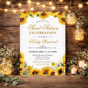 Watercolor Sunflowers and Gold Glitter Sweet 16 Invitation