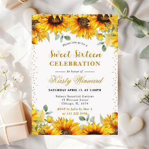 Watercolor Sunflowers and Gold Glitter Sweet 16 Invitation