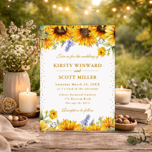 Watercolor Sunflowers and Gold Glitter Wedding Invitation