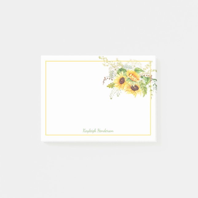 Watercolor Sunflowers and Greenery Personalized Post-it Notes (Front)