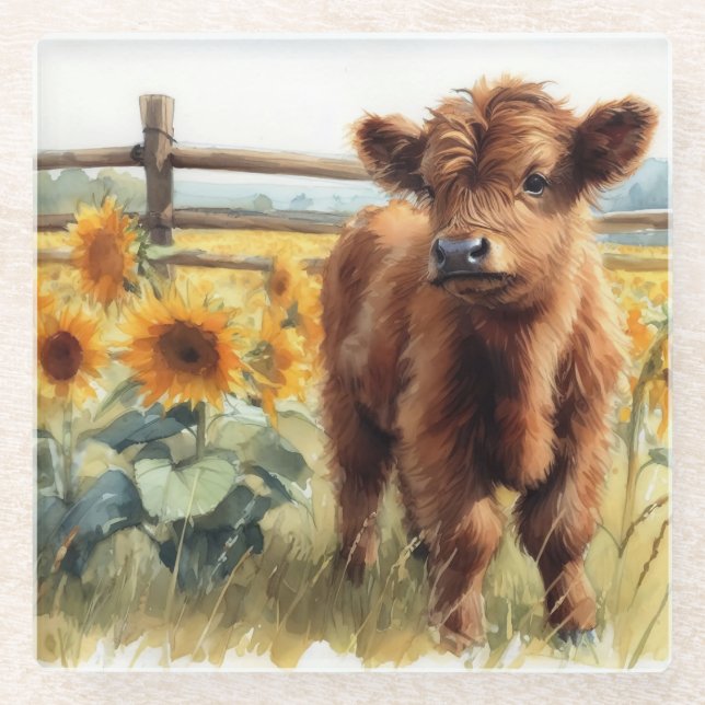 Watercolor Sunflowers and Highland Calf Glass Coaster (Front)