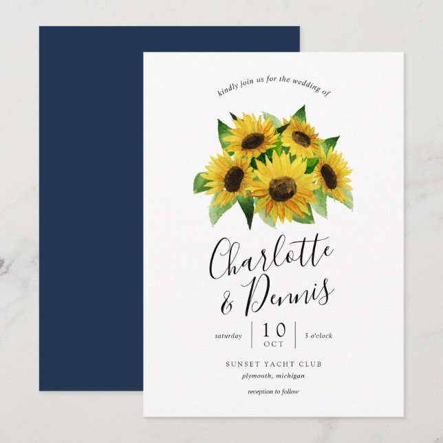 watercolor sunflowers and navy blue wedding invitation (Front/Back)