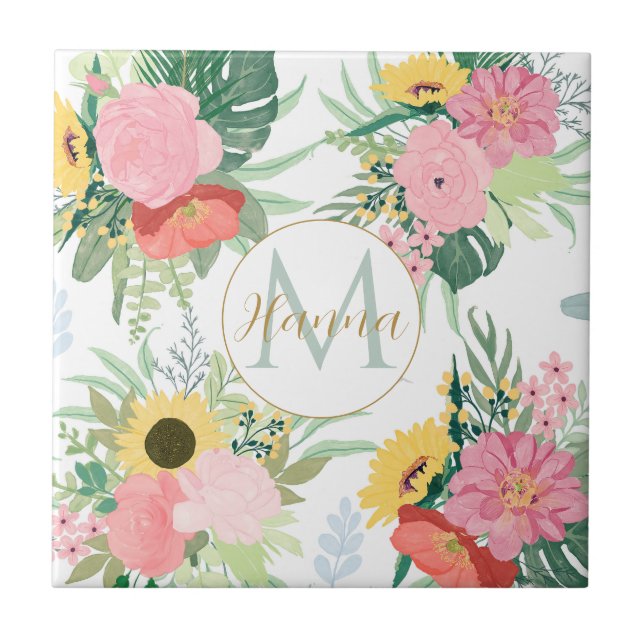 Watercolor Sunflowers and Poppies Botanical Tile (Front)