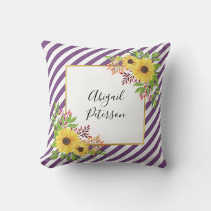 Watercolor sunflowers and purple striped pattern throw pillow