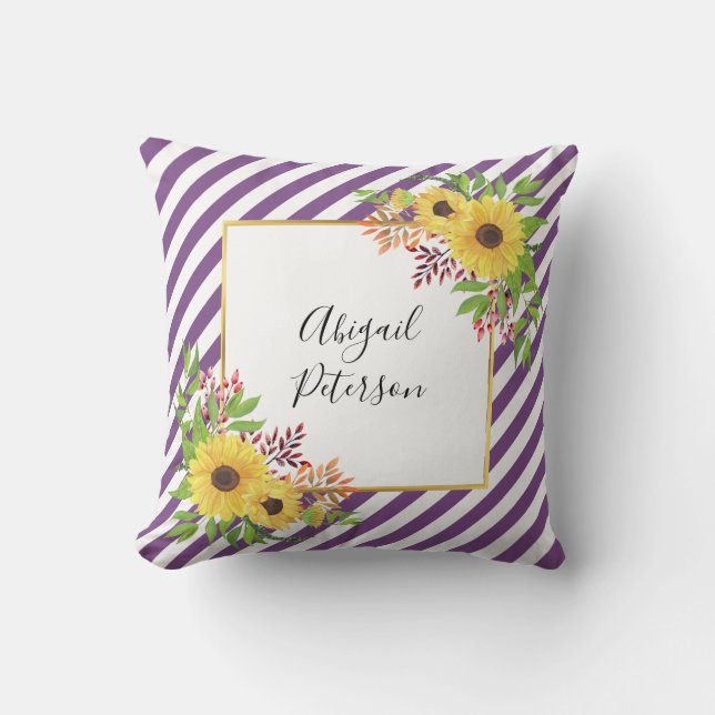 Watercolor sunflowers and purple striped pattern throw pillow (Front)