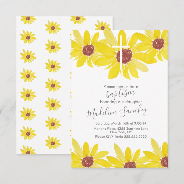 Watercolor Sunflowers Baptism Hand Painted Invitation (Front/Back)