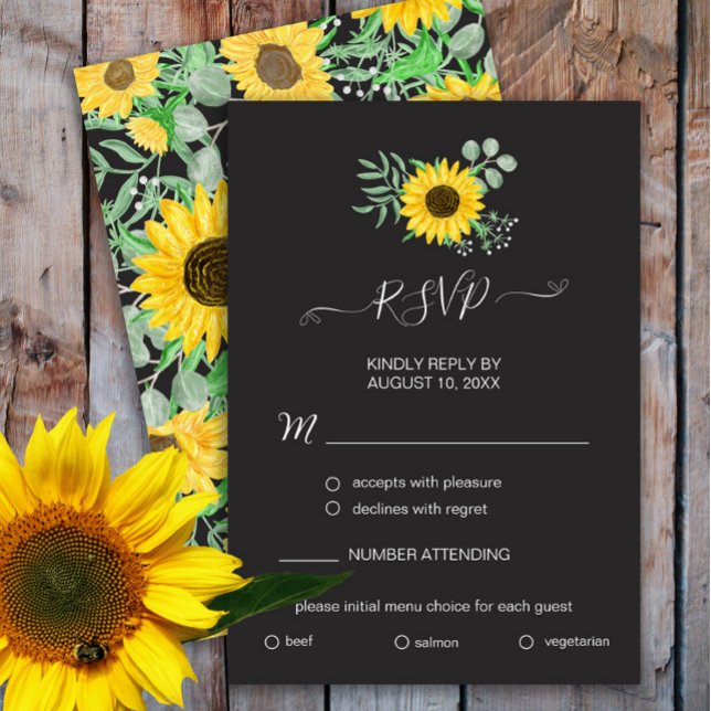 Watercolor Sunflowers Black Menu Choice RSVP Card (Creator Uploaded)