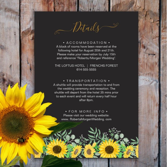 Watercolor Sunflowers Black Wedding Details Enclosure Card (Creator Uploaded)