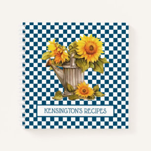 Watercolor Sunflowers Blue Chequered Recipe Notebook