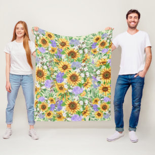 Watercolor Sunflowers & Blue Hydrangeas Fleece Blanket