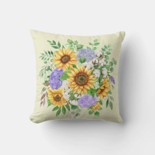 Watercolor Sunflowers & Blue Hydrangeas Throw Pillow