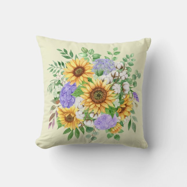 Watercolor Sunflowers & Blue Hydrangeas Throw Pillow (Front)