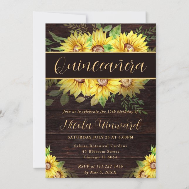 Watercolor Sunflowers Border Frame Quinceanera Invitation (Front)
