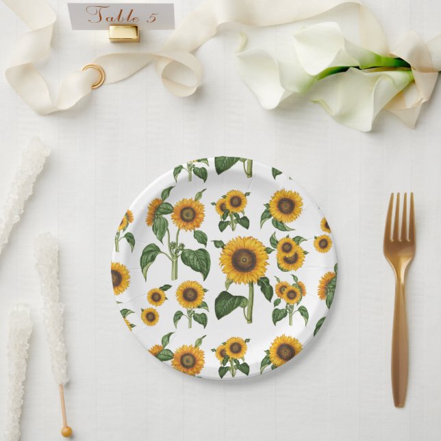 Watercolor Sunflowers Botanical Foliage Greenery Paper Plate (Wedding)