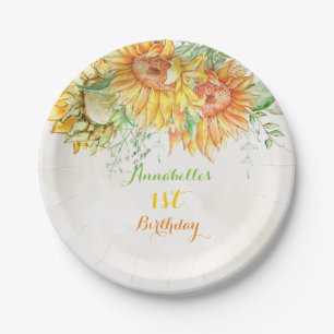 Watercolor Sunflowers Bright Orange Yellow Green Paper Plate