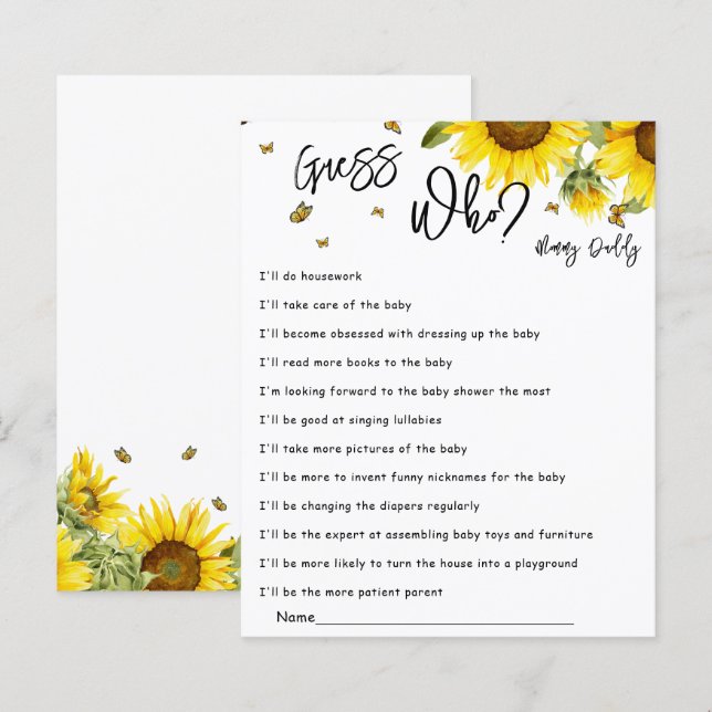 Watercolor Sunflowers & Butterflies Guess Who Game (Front/Back)