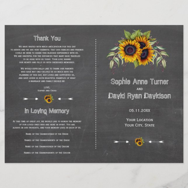 Watercolor Sunflowers Chalkboard Wedding Program (Front)