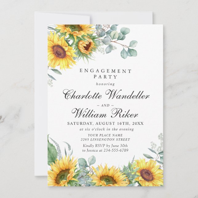 Watercolor Sunflowers Eucalyptus ENGAGEMENT PARTY Invitation (Front)