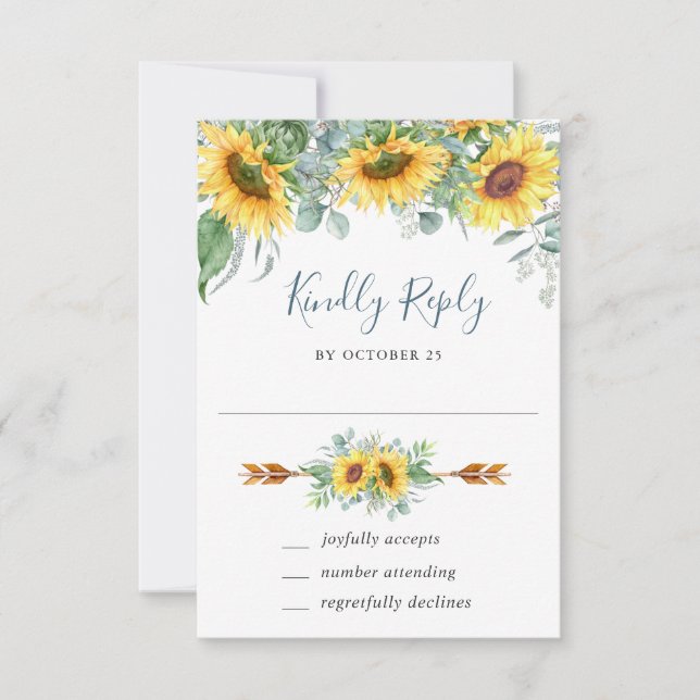 Watercolor Sunflowers Eucalyptus Wedding RSVP Card (Front)