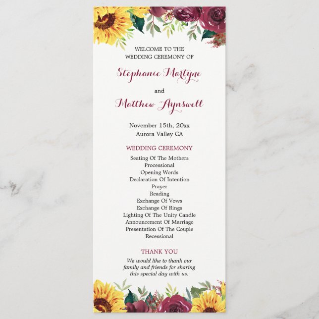 Watercolor Sunflowers Floral Border Wedding Program (Front)