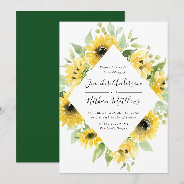 Watercolor Sunflowers Floral Frame | Wedding Invitation (Front/Back)