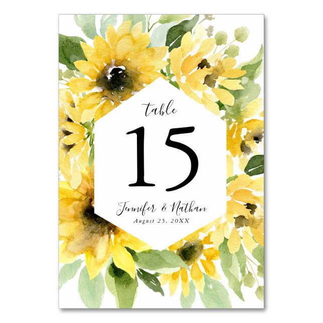 Watercolor Sunflowers Floral Frame | Wedding Table Number (Front)
