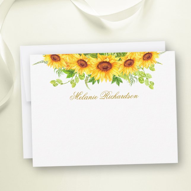 Watercolor Sunflowers Floral Gold Personalized Card (Customize to change text color,  text style or to add more text to back of card.)