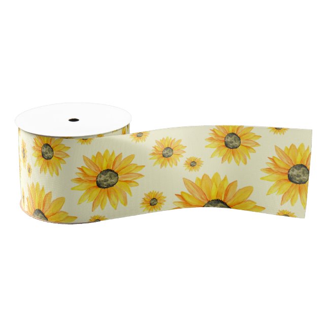 Watercolor Sunflowers Floral Pattern Grosgrain Ribbon (Spool)