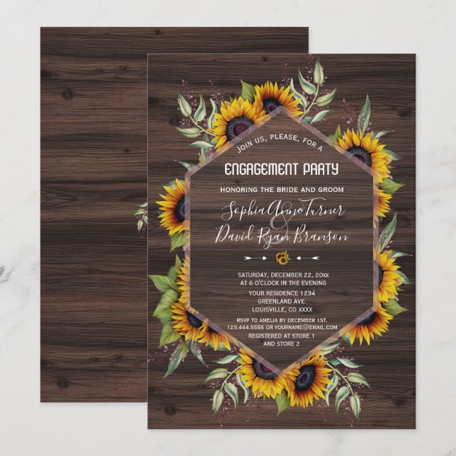 Watercolor Sunflowers Geometric Wood Engagement Invitation (Front/Back)
